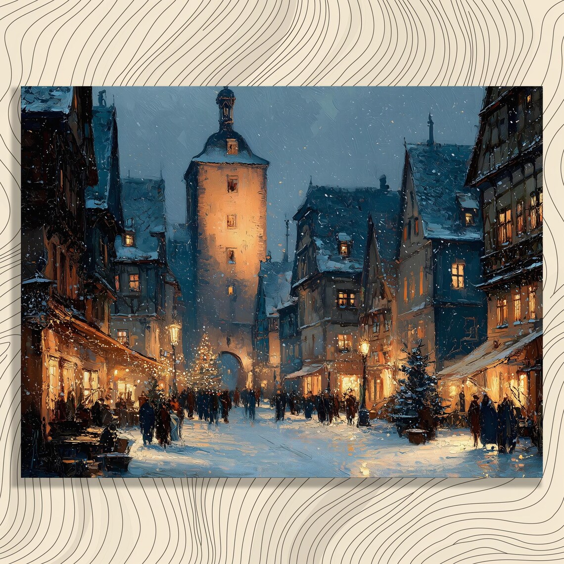 Snowy European Winter Village Christmas Market Town Scene Poster