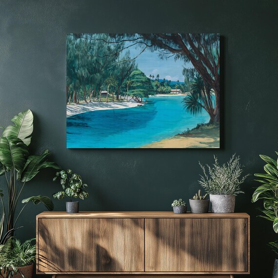 Tropical Lagoon Turquoise Water Palm Beach Coastal Painting Poster