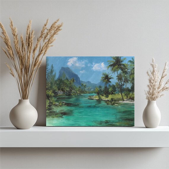 Tropical Island Lagoon Turquoise Water Palm Paradise Painting Poster