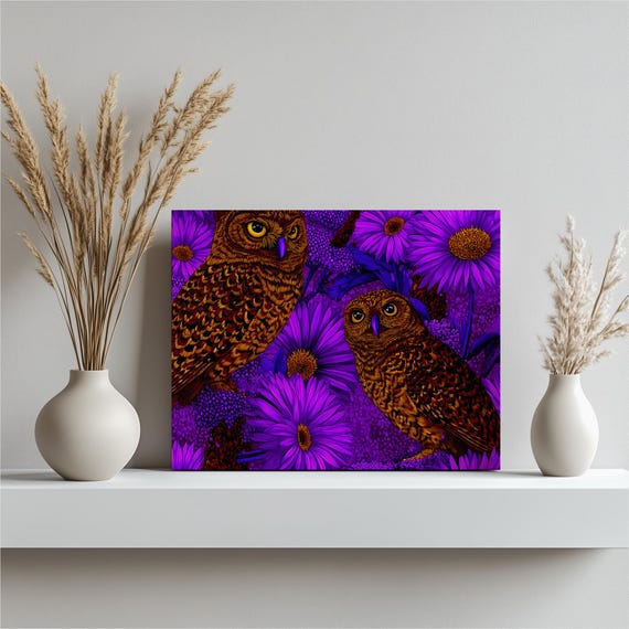 Owl Floral Purple Canvas Wall Art Colorful Painting Botanical Print Vibrant Flowers Nature Inspired Illustration Modern Contemporary