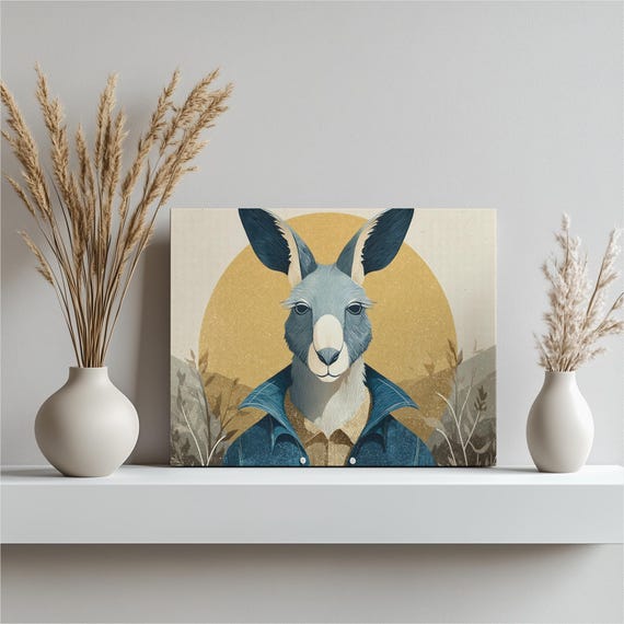 Retro Kangaroo Canvas Wall Art Mid Century Modern Animal Portrait Print Wildlife Decor Outback Nature Painting Gift Blue Beige Palette