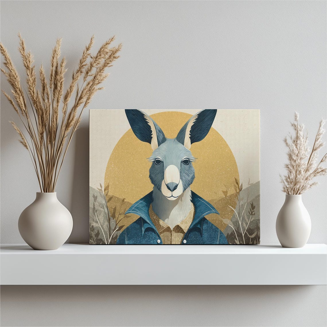 Retro Kangaroo Denim Jacket Portrait Mid Century Modern Print