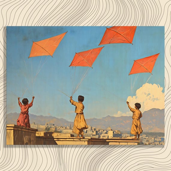 Children Flying Kites Canvas Wall Art Sunlit Rooftop City Skyline With Mountains Blue Sky Nostalgic Childhood Scene Pakistan Gift Decor