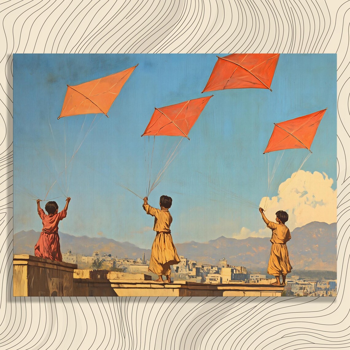 Children Flying Kites Rooftop Sunset City Old Town Mountains Wall Art