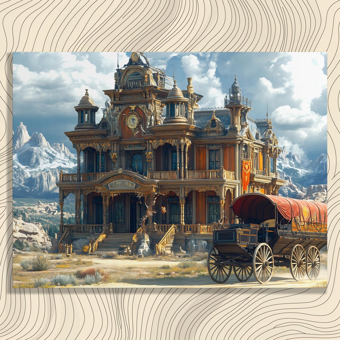 Grand Victorian Mansion With Covered Wagon Mountain Art Poster