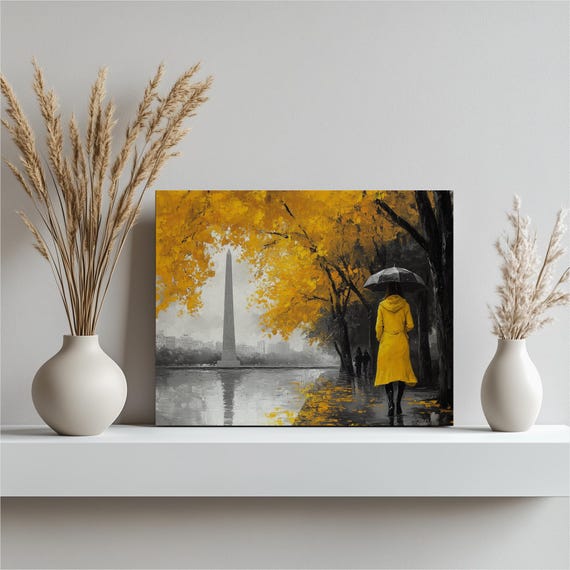 Buenos Aires River Obelisk Art Cityscape Wall Autumn Yellow Trees Rainy Day Woman Walking Modern Decor Home