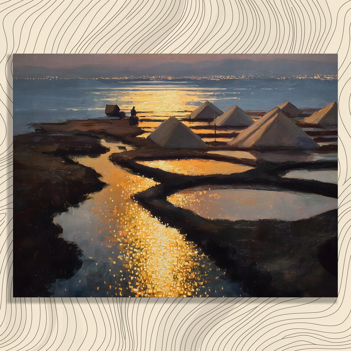 Golden Sunset Seascape Fisherman Huts Reflective Ocean Canvas Print