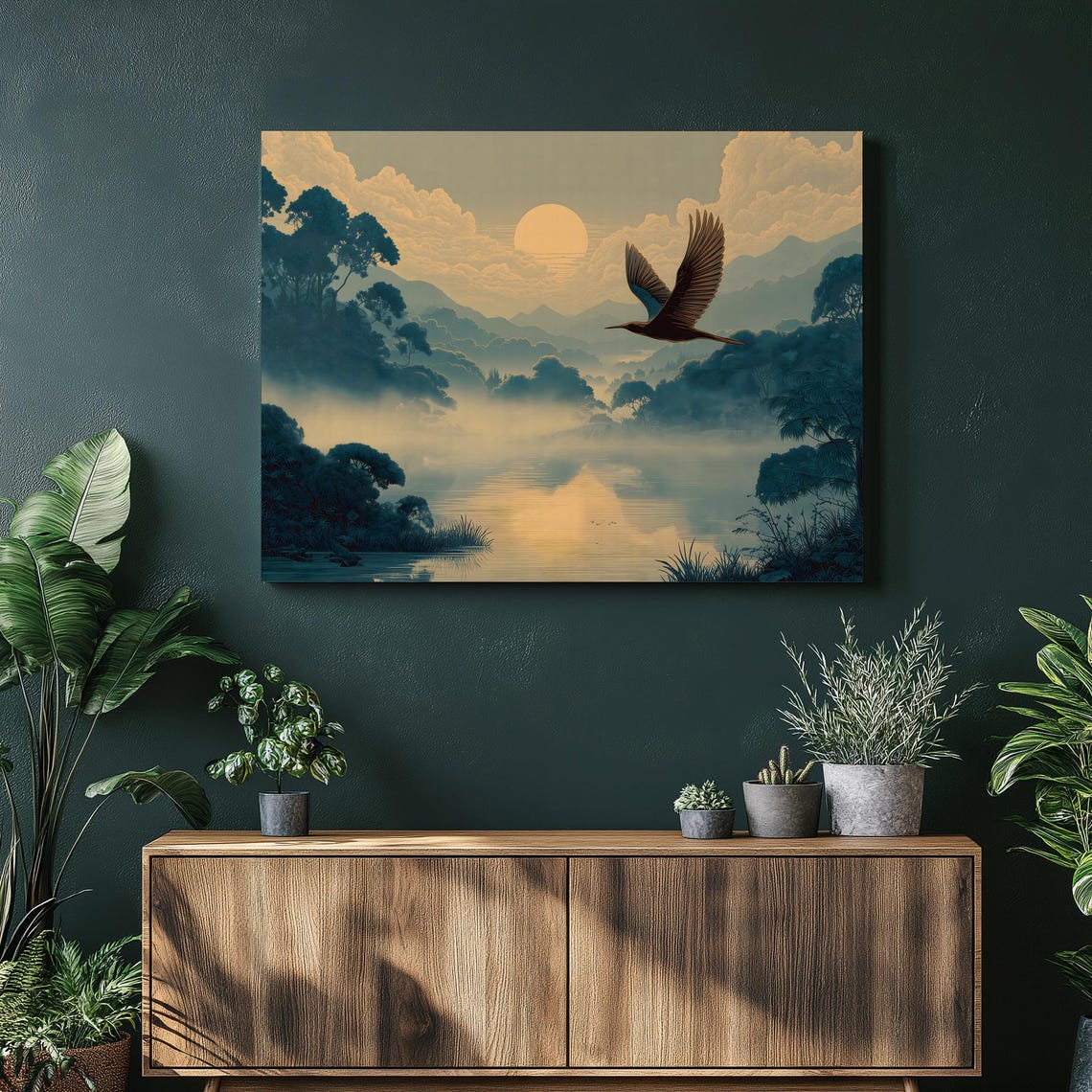 Heron Flying Over Misty Lake Sunrise Mountain Reflection Wall Art