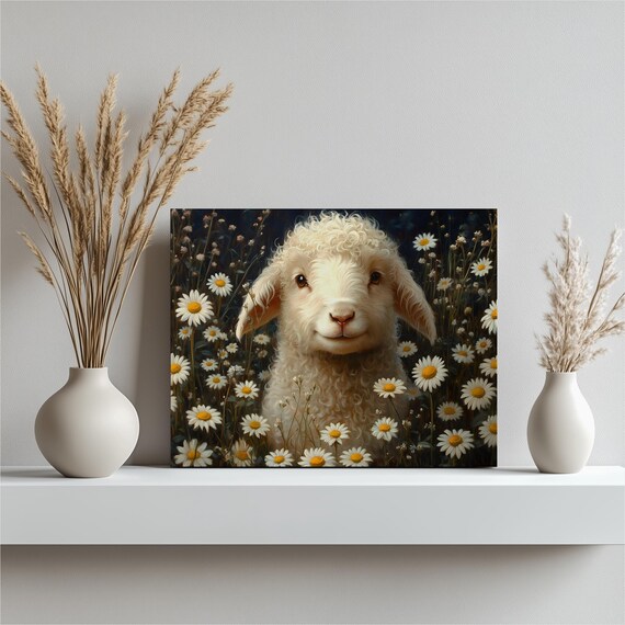 Sweet Lamb Among White Daisies Pastoral Nursery Animal Portrait Art Poster