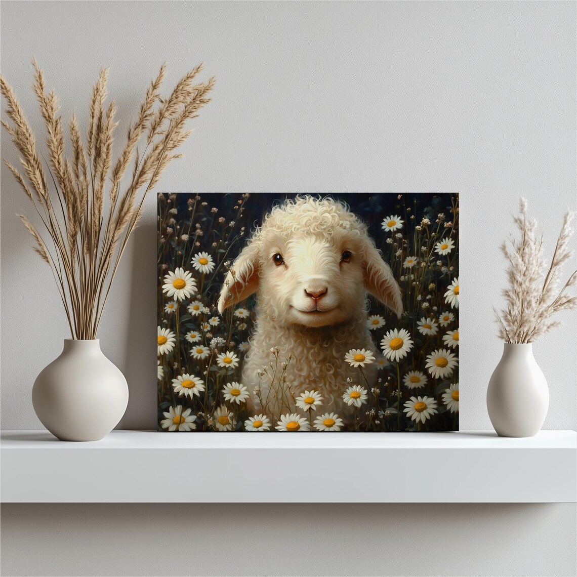 Sweet Lamb Among White Daisies Pastoral Nursery Animal Portrait Art Poster