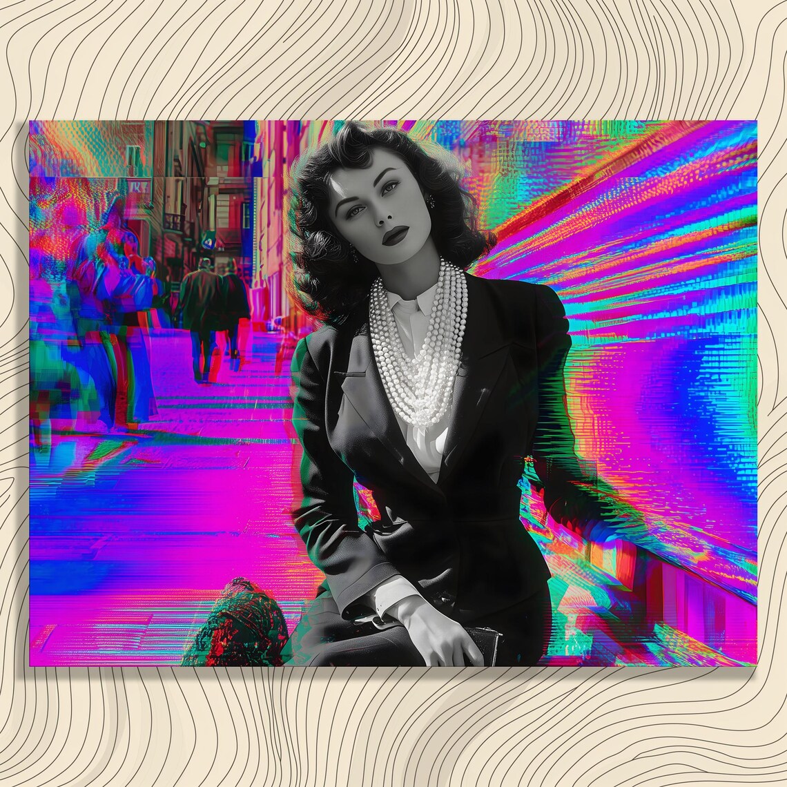 Vintage Hollywood Glamour Woman Pearl Necklace Neon City Art Print