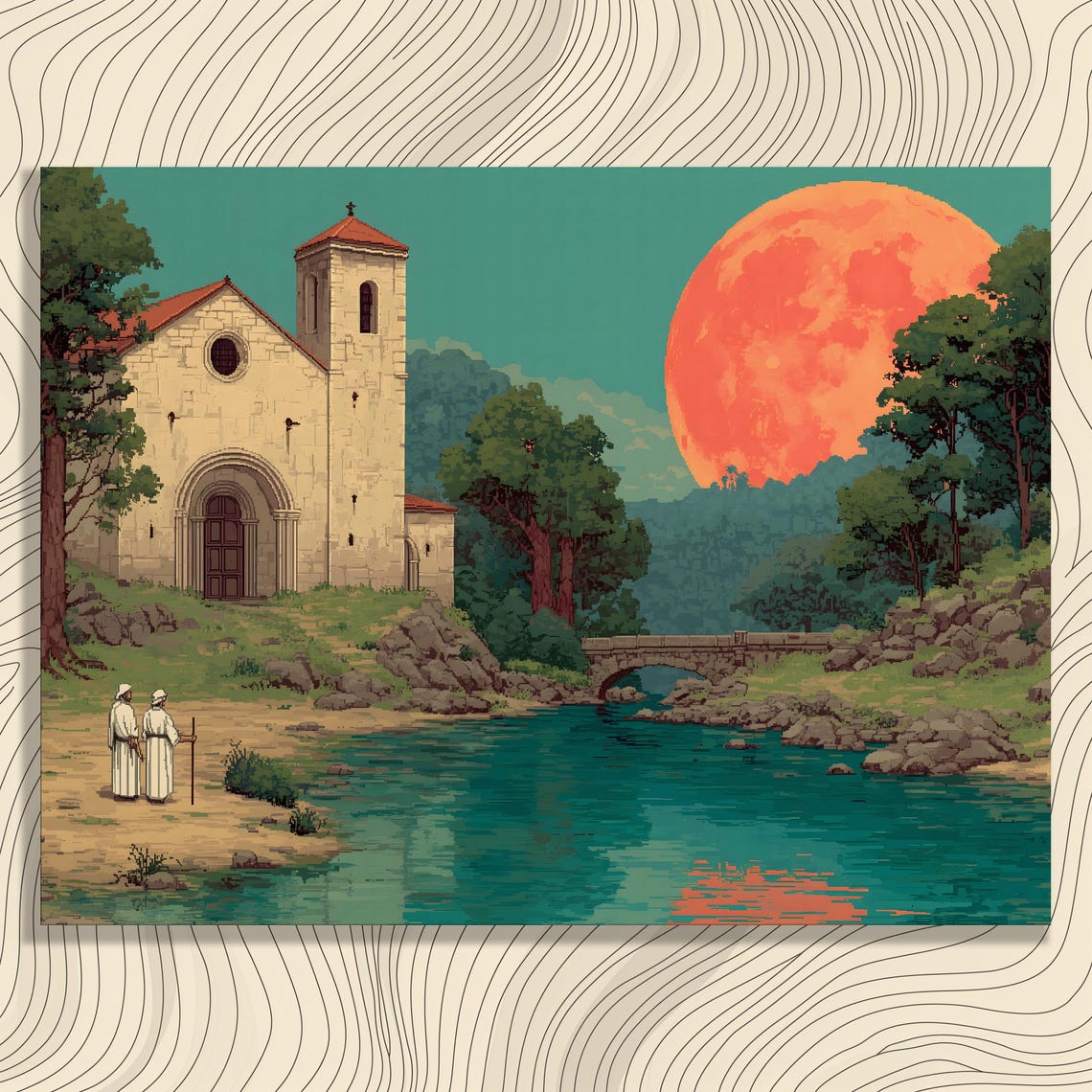 Serene Monastery River Moon Canvas Wall Art Retro Pixel Landscape Print With Large Red Reflection Tranquil Nature Decor
