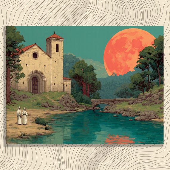 Serene Monastery River Moon Canvas Wall Art Retro Pixel Landscape Print With Large Red Reflection Tranquil Nature Decor
