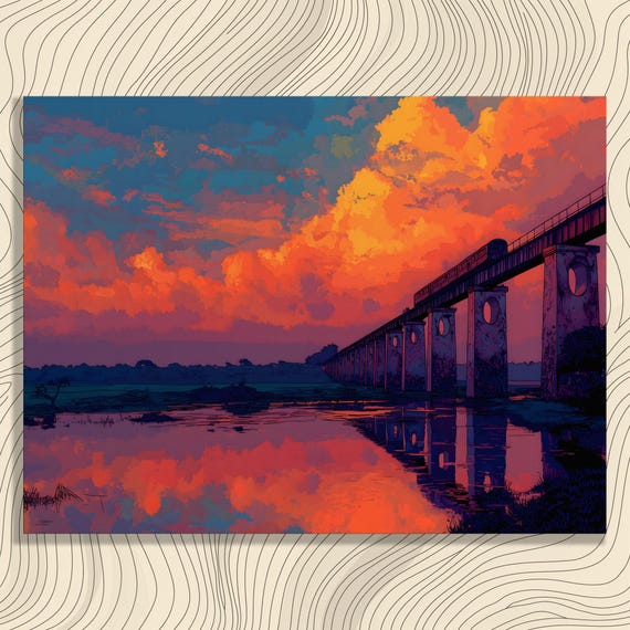 Sunset Train Bridge Canvas Wall Art Vibrant Landscape Railroad Viaduct Reflection Modern Painting Orange Sky Gift
