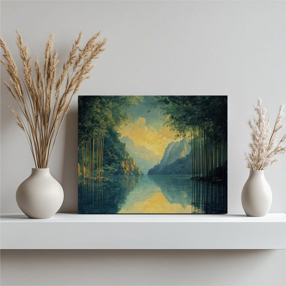 Bamboo Forest Landscape Canvas Print Mountain River Scene Oil Painting In Golden Light High Resolution Nature Decor Wall Art