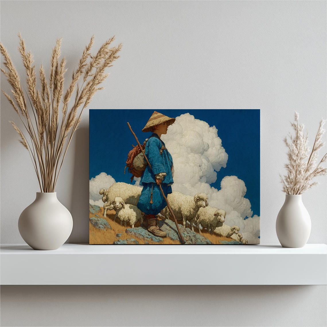 Shepherd Boy With Sheep Flock Pastoral Countryside Art Print