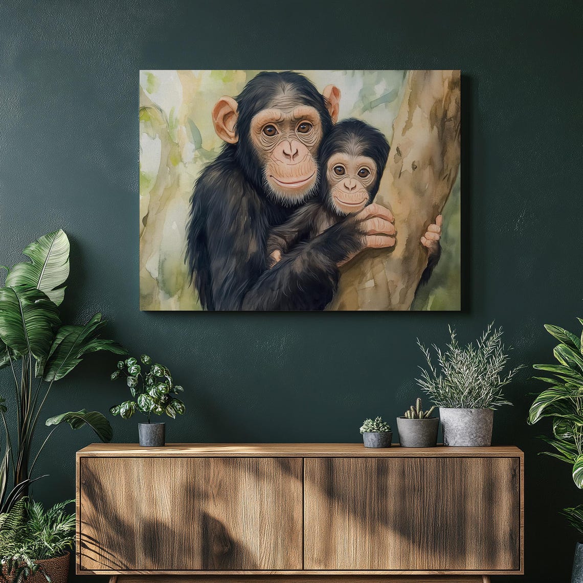 Chimpanzee Mom Hugging Baby Chimp on Tree Trunk Wildlife Print