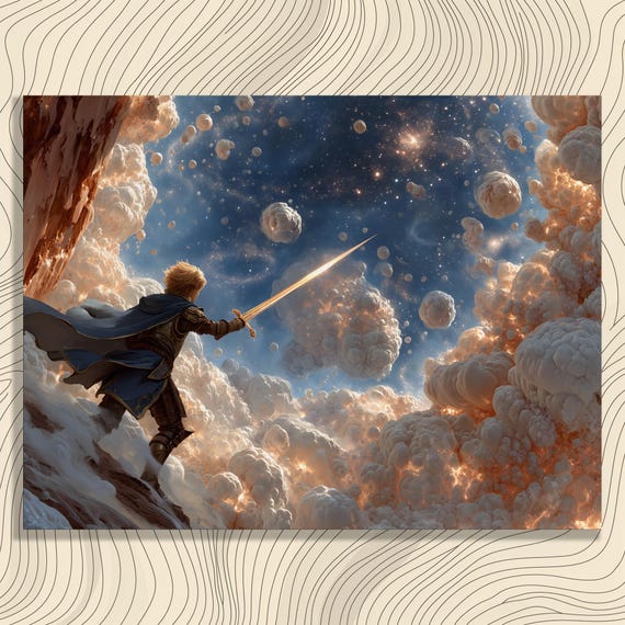 Epic Cosmic Warrior Canvas Wall Art Fantasy Artwork Battle Painting Dark Adventure Gift For Gamers Sword