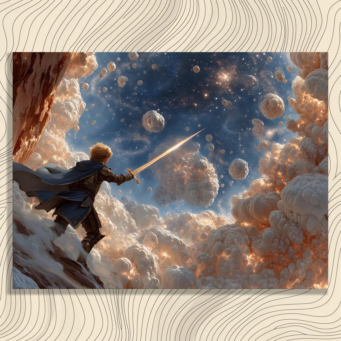 Epic Cosmic Warrior Glowing Sword Fantasy Space Battle Art Poster