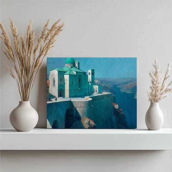 Algerian Coastal Cathedral Canvas Wall Art Mediterranean Cliff Basilica Landscape In Teal Blue Tones Travel Poster Architecture Print