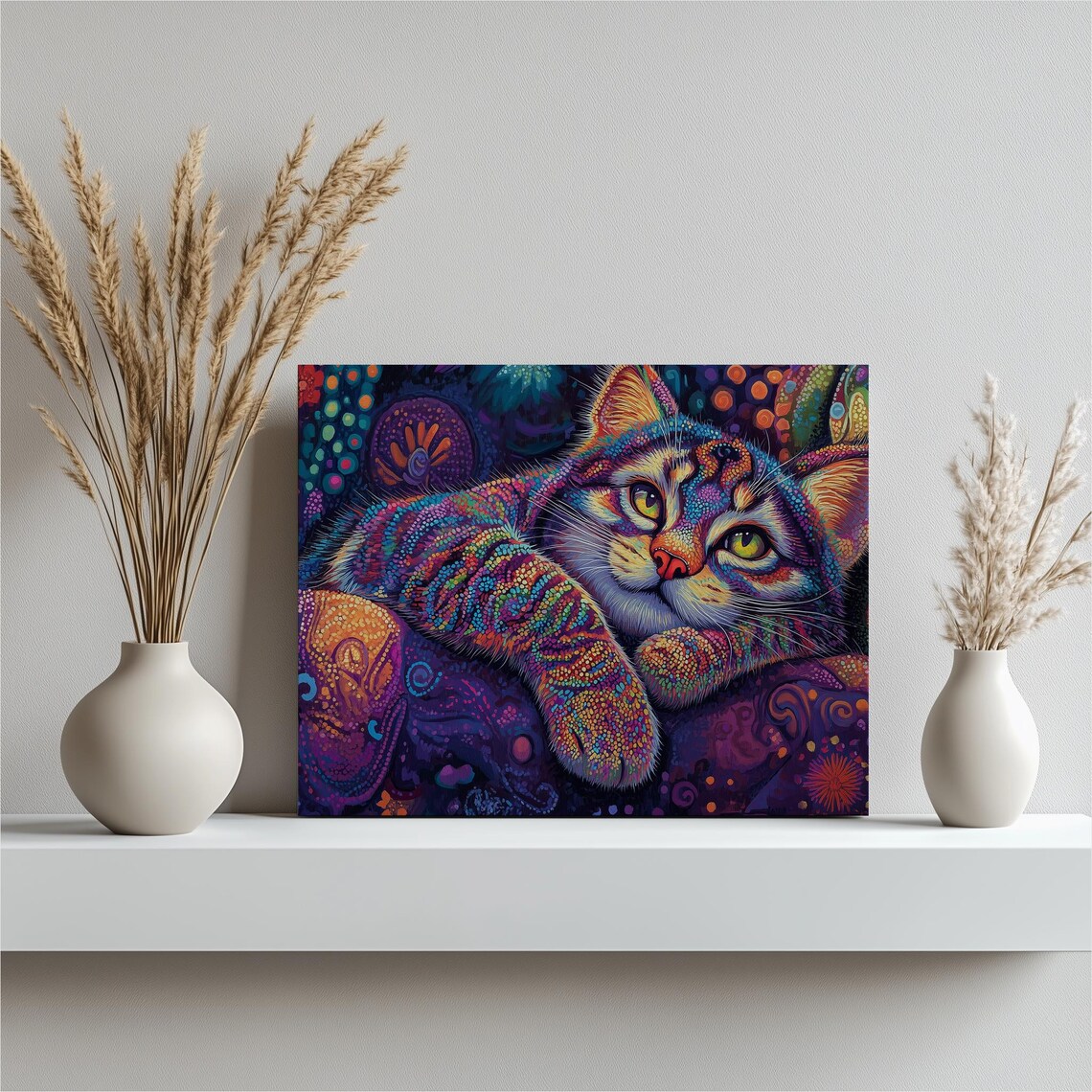 Whimsical Psychedelic Cat Portrait Swirling Colorful Pattern Boho Poster