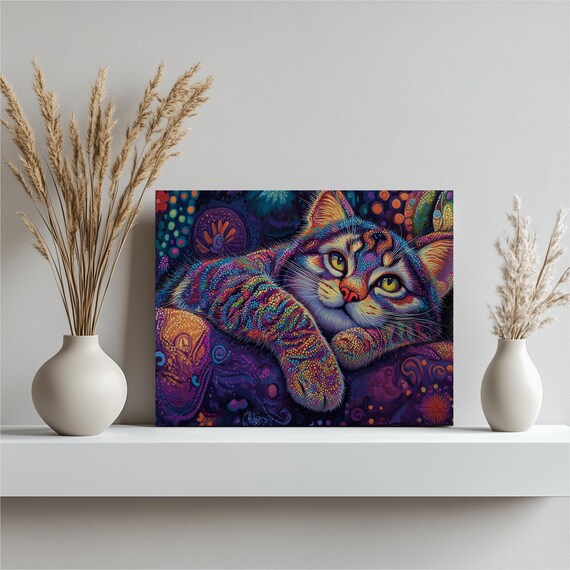 Colorful Abstract Cat Canvas Print Whimsical Modern Boho Wall Art For Living Room Bedroom Kids Nature Inspired Lover Gift