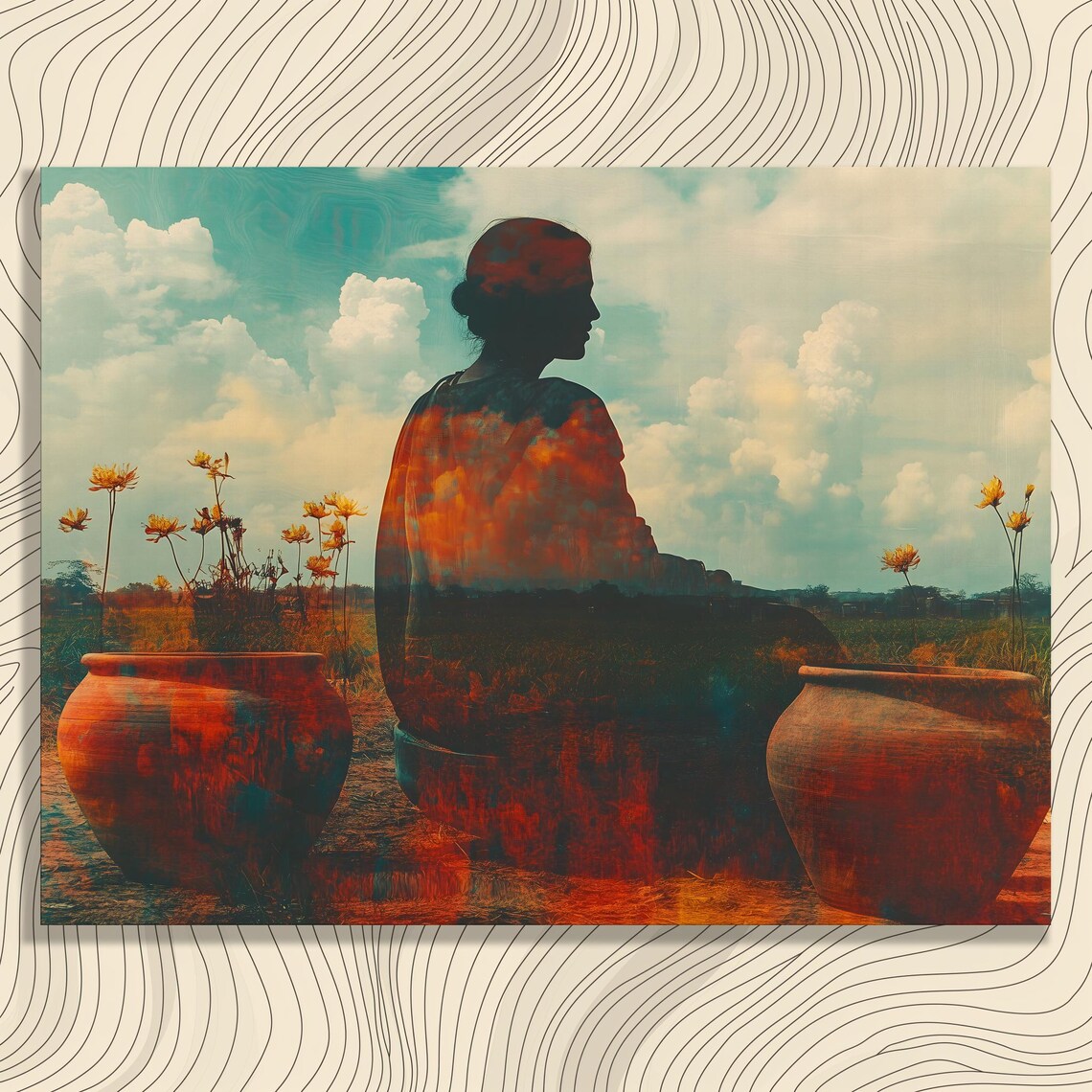 Harvest Woman Silhouette Double Exposure Pottery Field Wall Art