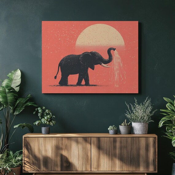 Playful Elephant Spraying Water Under Sunset Silhouette Whimsical Coral Wall Art