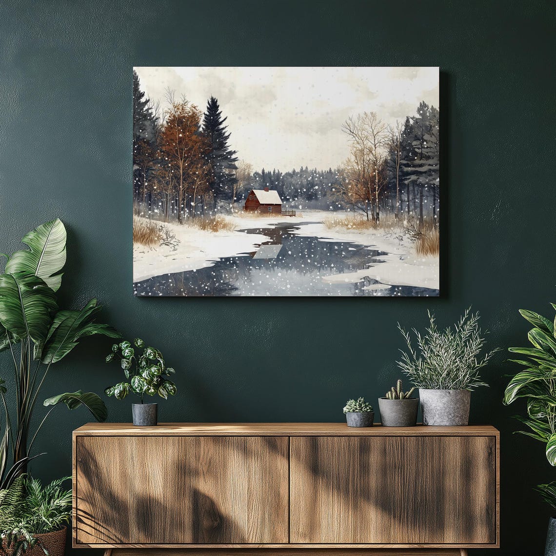 Winter Log Cabin Snowy Lake Canvas Print Falling Snow Forest Retreat