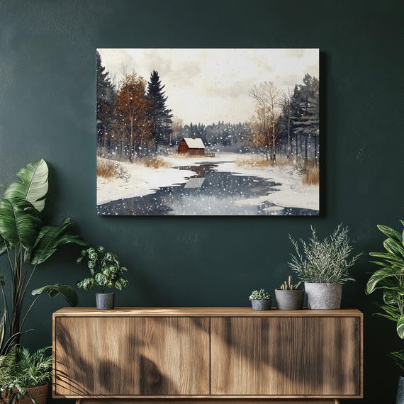 Winter Cabin Landscape Canvas Wall Art Snowy Forest Lake Scene With Cozy Red Frozen Water Reflection Rustic Nature Decor Print