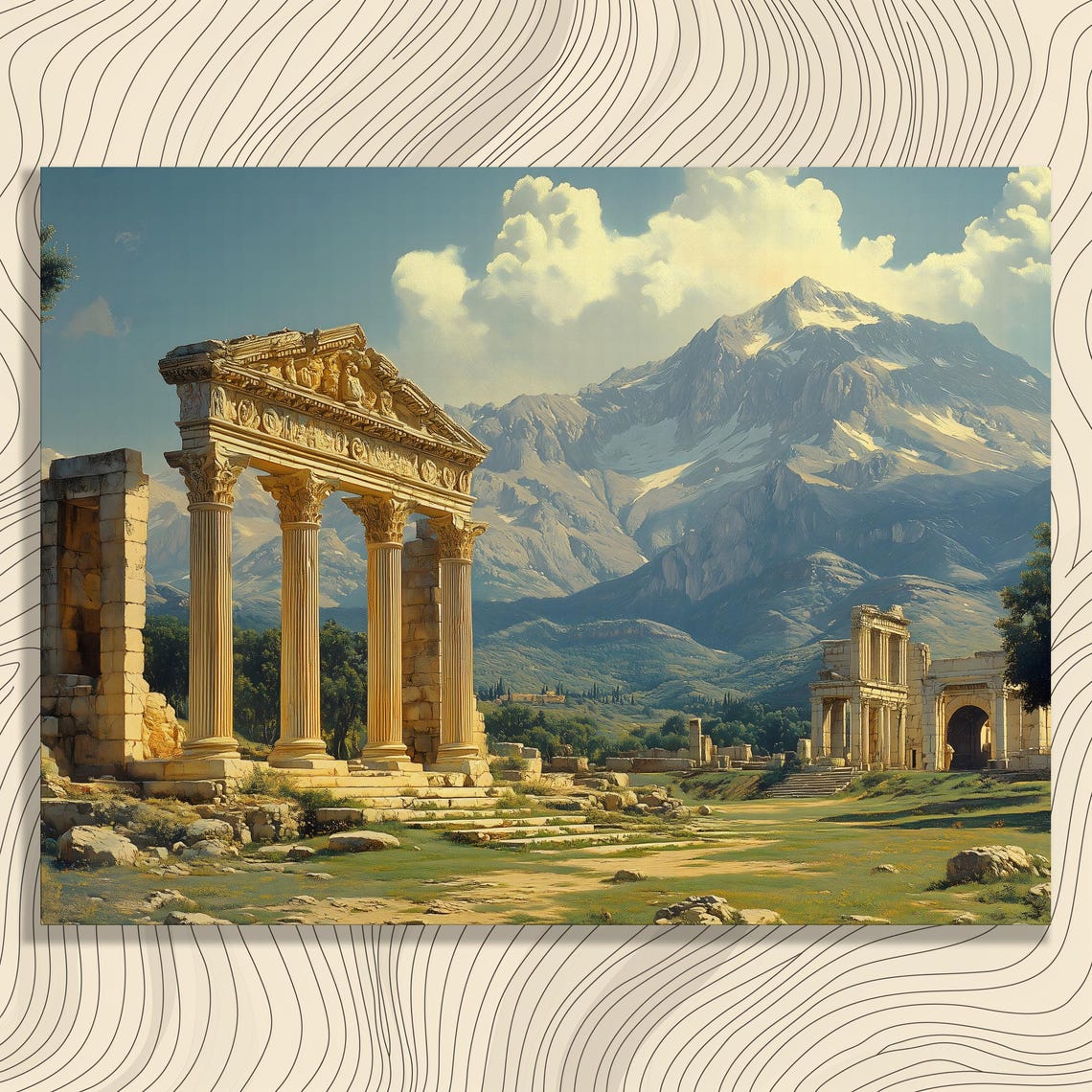 Ancient Greek Temple Ruins Stone Columns Mountain Landscape Art Poster