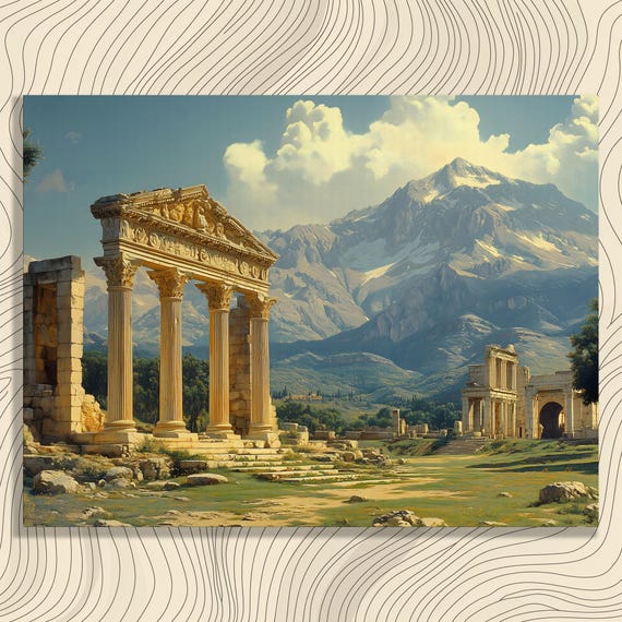 Ancient Ruins Canvas Wall Art Sunlit Classical Columns And Mountains Historic Architecture Decor
