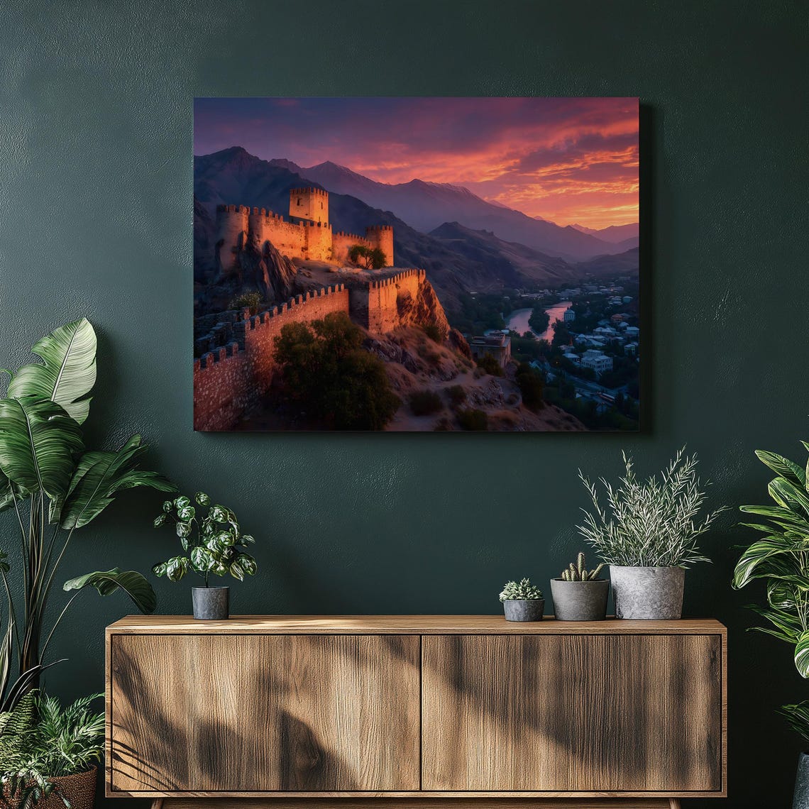 Medieval Fortress Castle at Sunset Over Mountain Town Poster