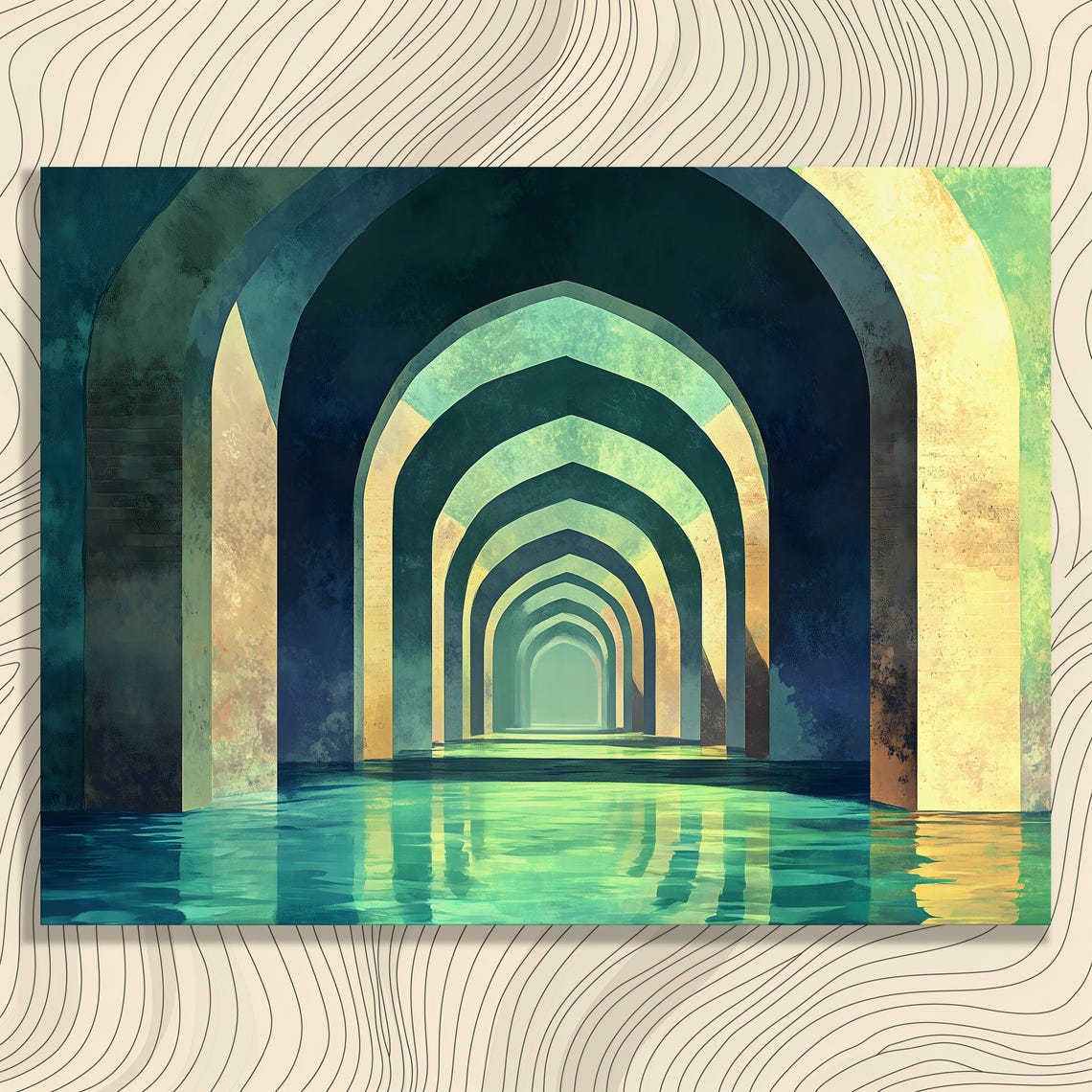 Sunlit Stone Arches Over Still Emerald Water Cistern Art Poster