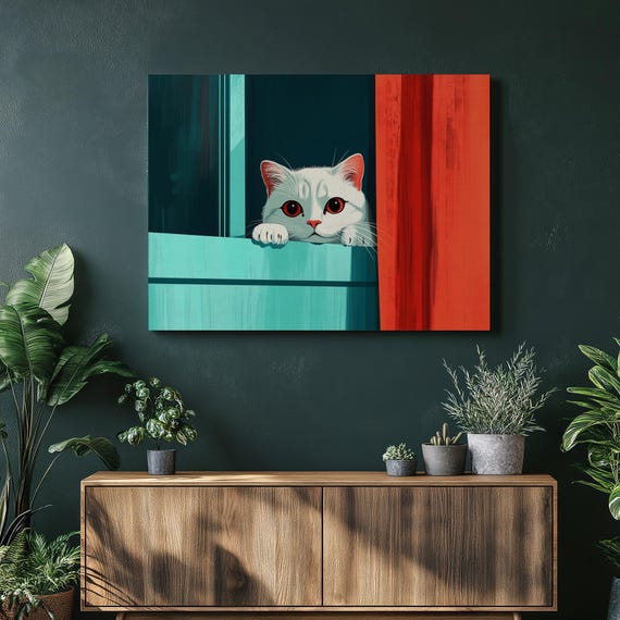Whimsical Cat Window Canvas Wall Art Contemporary Colorful Print In Blue And Red For Home Decor Modern Minimalist Scottish Fold Poster