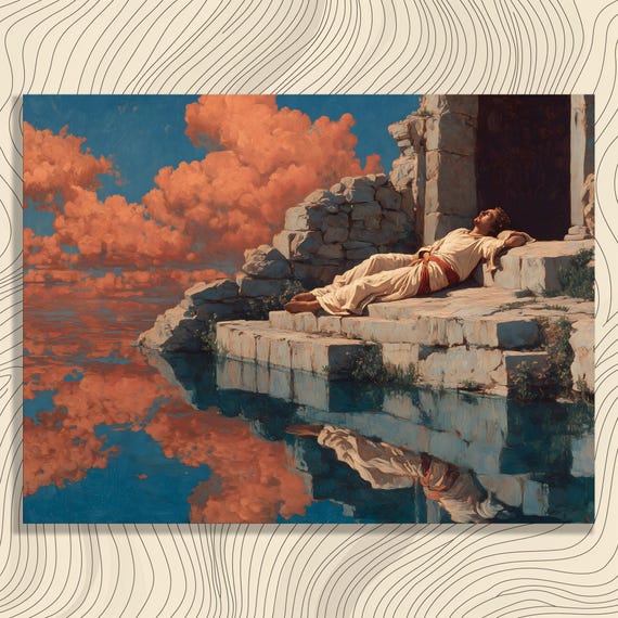 Classical Ruins Canvas Wall Art Serene Ancient Water Reflection Print Blue Sky Tranquil Cloudscape Landscape Painting