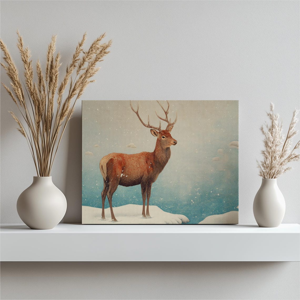 Red Deer Stag in Snow Japanese Wave Style Winter Wildlife Art Poster