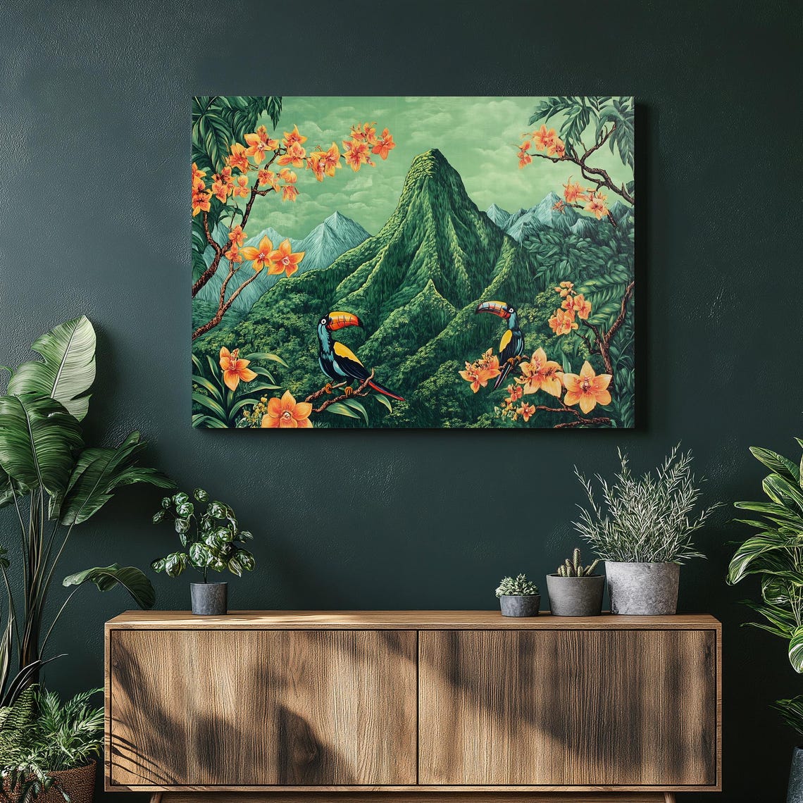 Toucans Rainforest Orchids Green Mountain Tropical Canvas Wall Art