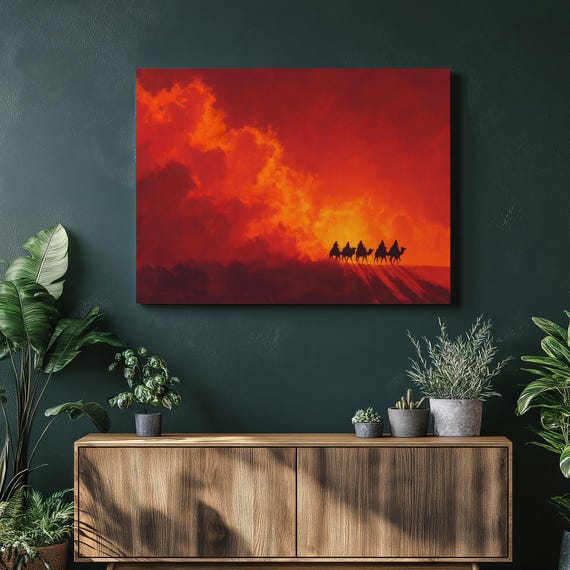 Desert Caravan Canvas Wall Art Camel Silhouette Sunset Painting Travel Adventure Decor Print Wanderlust Gift Landscape
