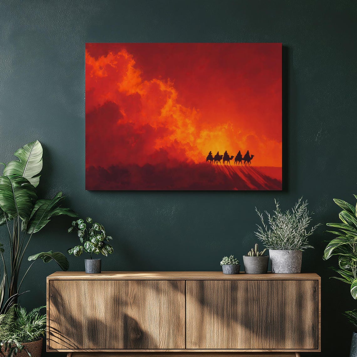 Fiery Red Desert Camel Caravan Silhouette Sunset Dunes Wall Art
