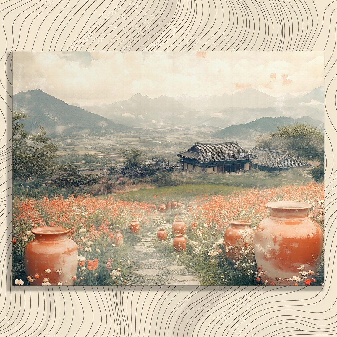 Korean Village Clay Pots Flower Field Mountain Vintage Style Poster