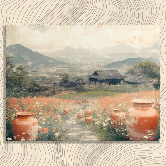 Korean Village Clay Pots Flower Field Mountain Vintage Style Poster