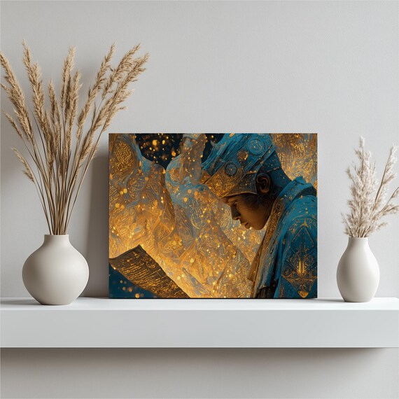 Dark Fantasy King Canvas Wall Art Glowing Manuscript Scene Surreal Royal Crown Portrait In Golden Armor Medieval Magic Decor Regal Artwork