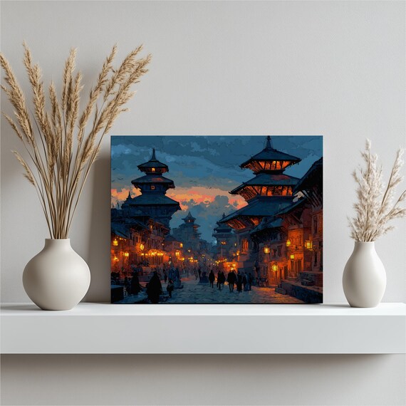 Nepal Pagoda Canvas Wall Art Sunset Temple Street Print Large Buddhist Shrine Landscape Travel Decor Cultural Cityscape