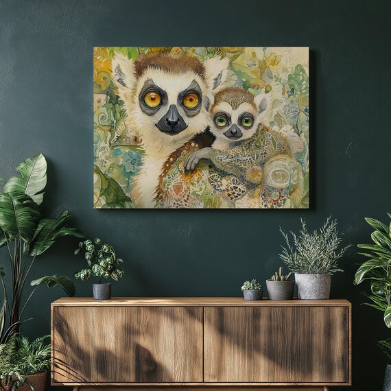 Ring Tailed Lemur Mother and Baby Colorful Watercolor Wildlife Art Poster