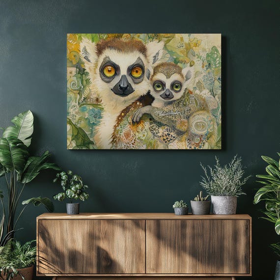 Vibrant Boho Lemurs Canvas Wall Art Colorful Wildlife Painting With Ringtailed Lemur For Bohemian Nursery Bedroom Living Room Dcor