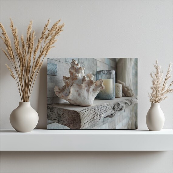 Seashell and Candle Driftwood Coastal Minimal Beach House Scene Poster
