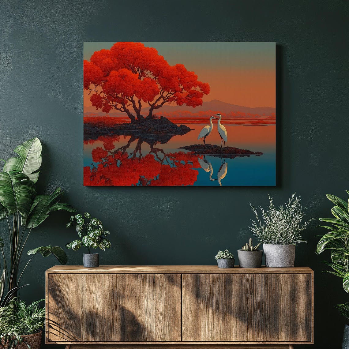 Red Tree Island Twin Cranes Sunset Reflection Zen Art Poster