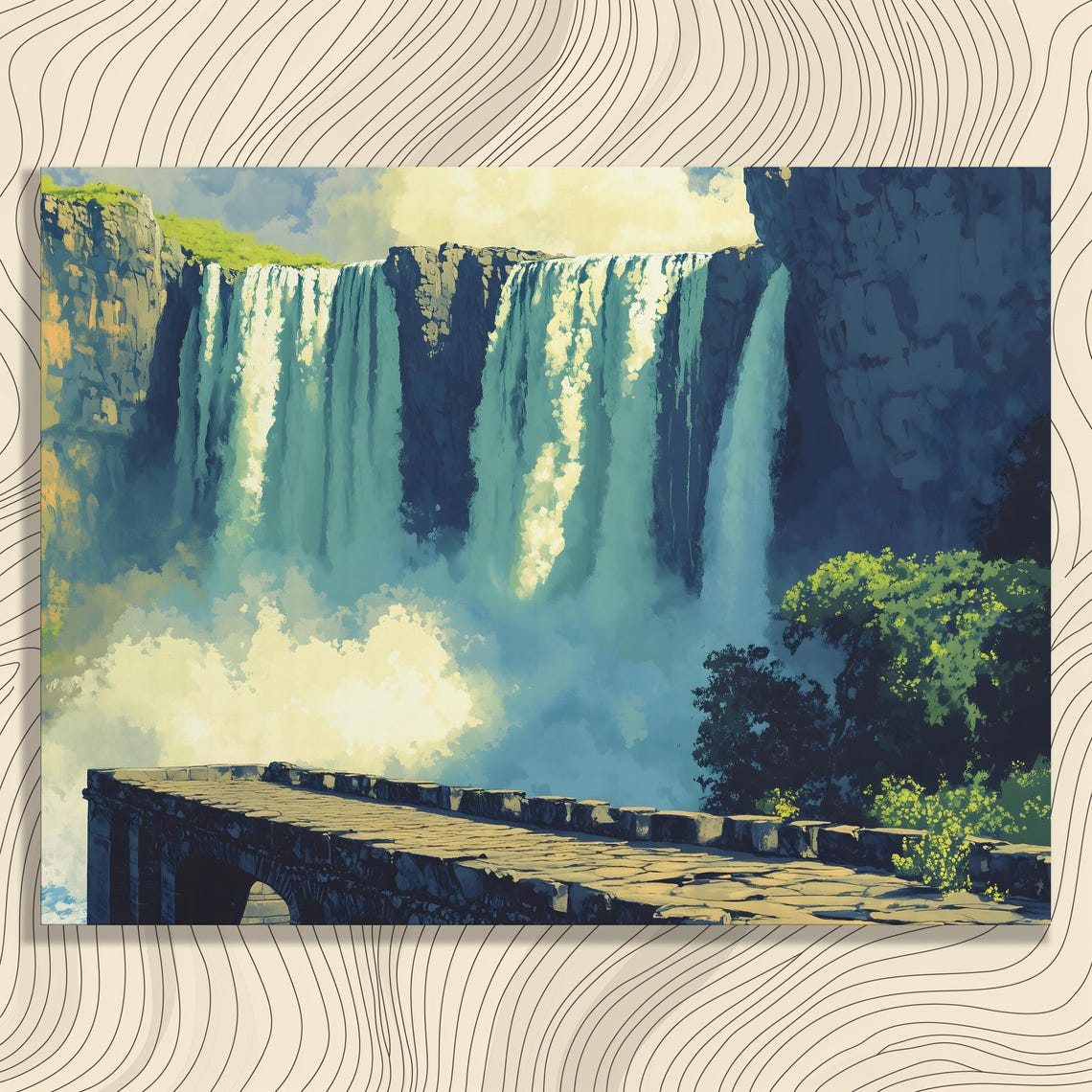 Horseshoe Waterfall Stone Overlook Majestic Falls Illustration Poster