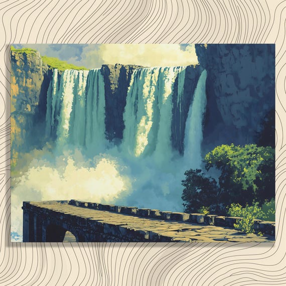 Majestic Waterfall Landscape Canvas Wall Art River Valley Scenery Modern Nature Bridge Print Stone Arch Decor